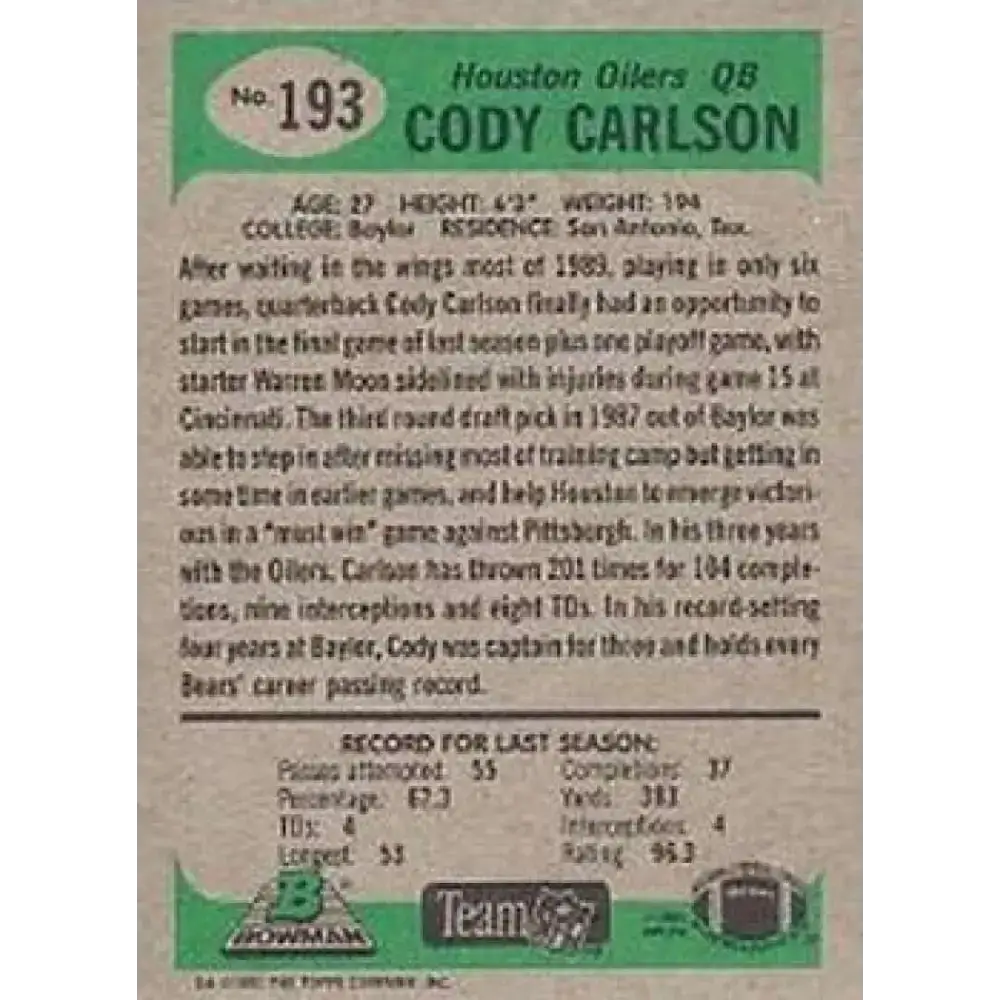 1991 Bowman #193 Cody Carlson NM-MT RC Rookie Houston Oilers Football Card - Football Card Single