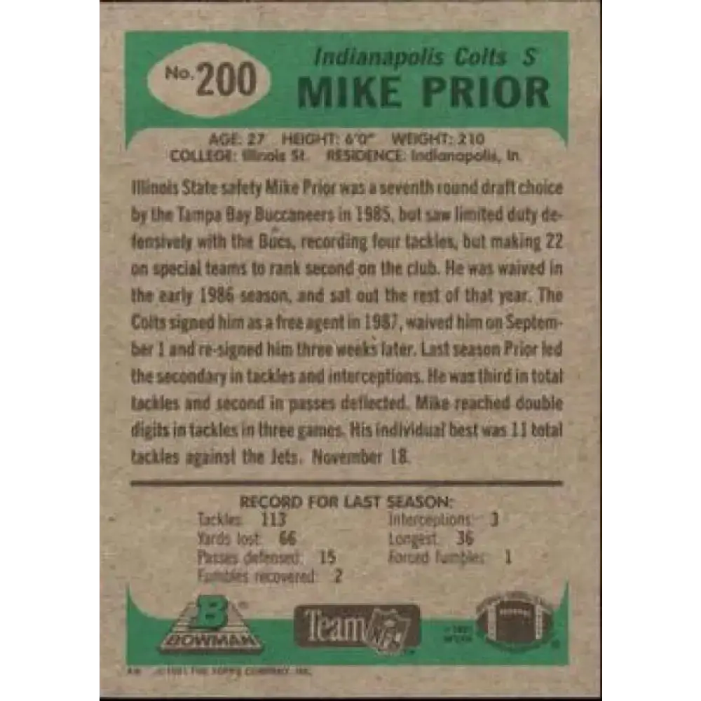 1991 Bowman #200 Mike Prior NM-MT Indianapolis Colts Football Card - Football Card Single