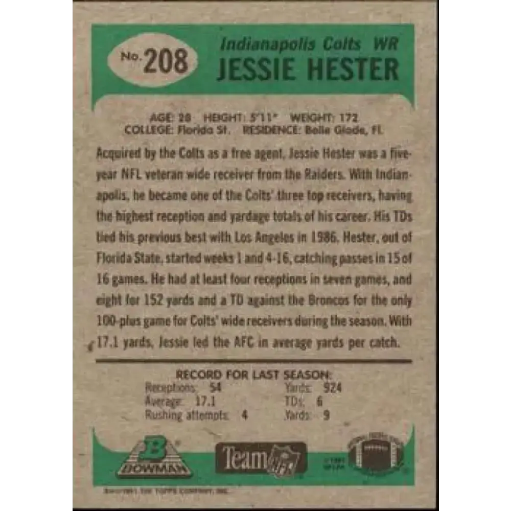 1991 Bowman #208 Jessie Hester NM-MT Indianapolis Colts Football Card - Football Card Single