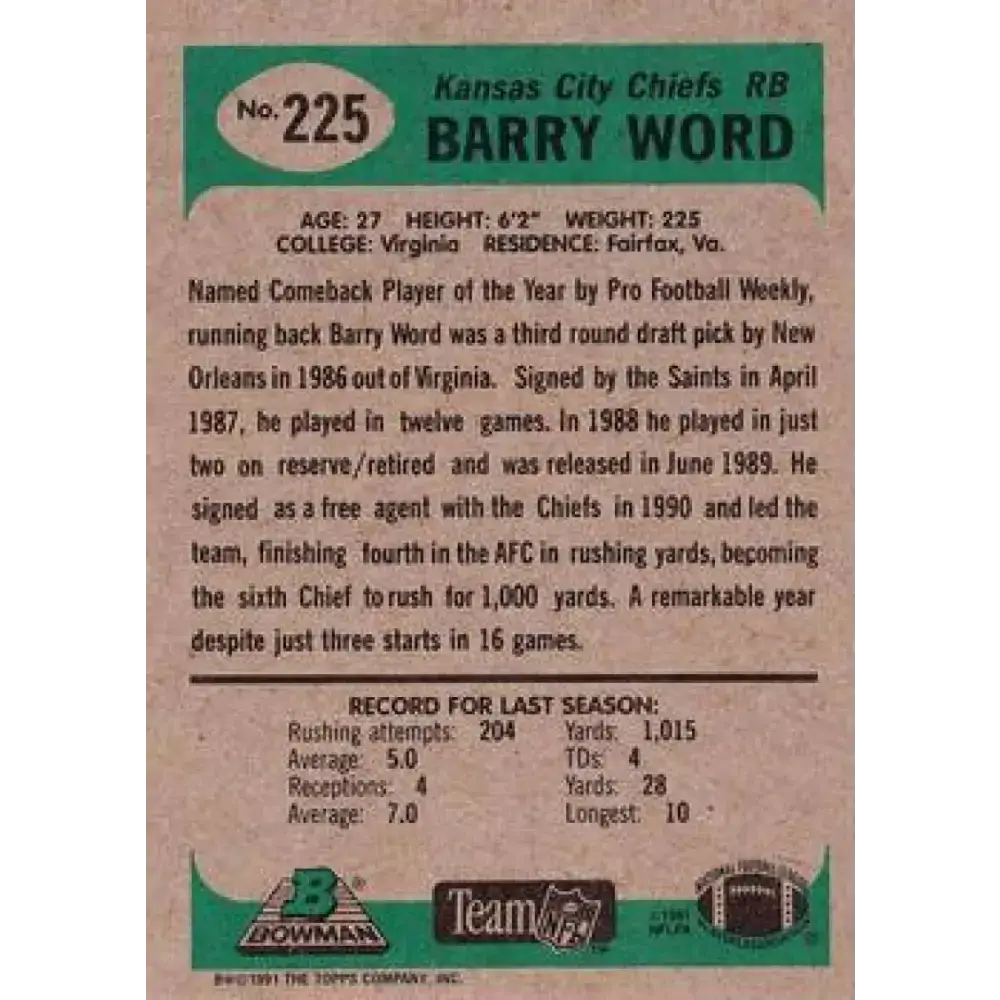 1991 Bowman #225 Barry Word NM-MT Kansas City Chiefs Football Card - Football Card Single
