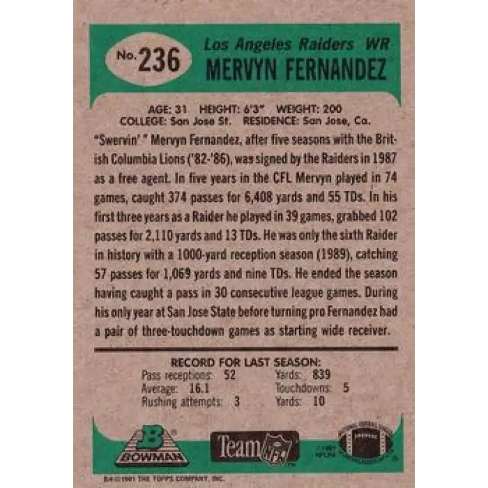 1991 Bowman #236 Mervyn Fernandez NM-MT Los Angeles Raiders Football Card