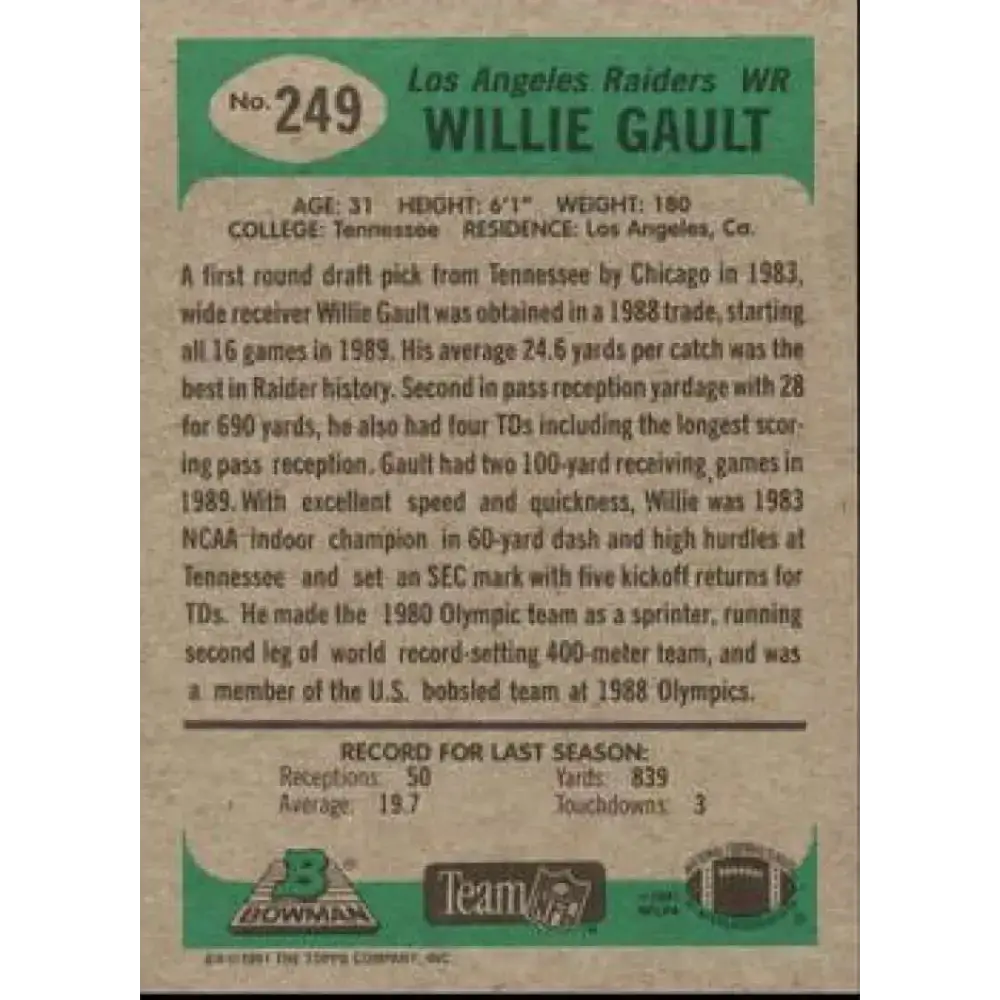 1991 Bowman #249 Willie Gault NM-MT Los Angeles Raiders Football Card - Football Card Single
