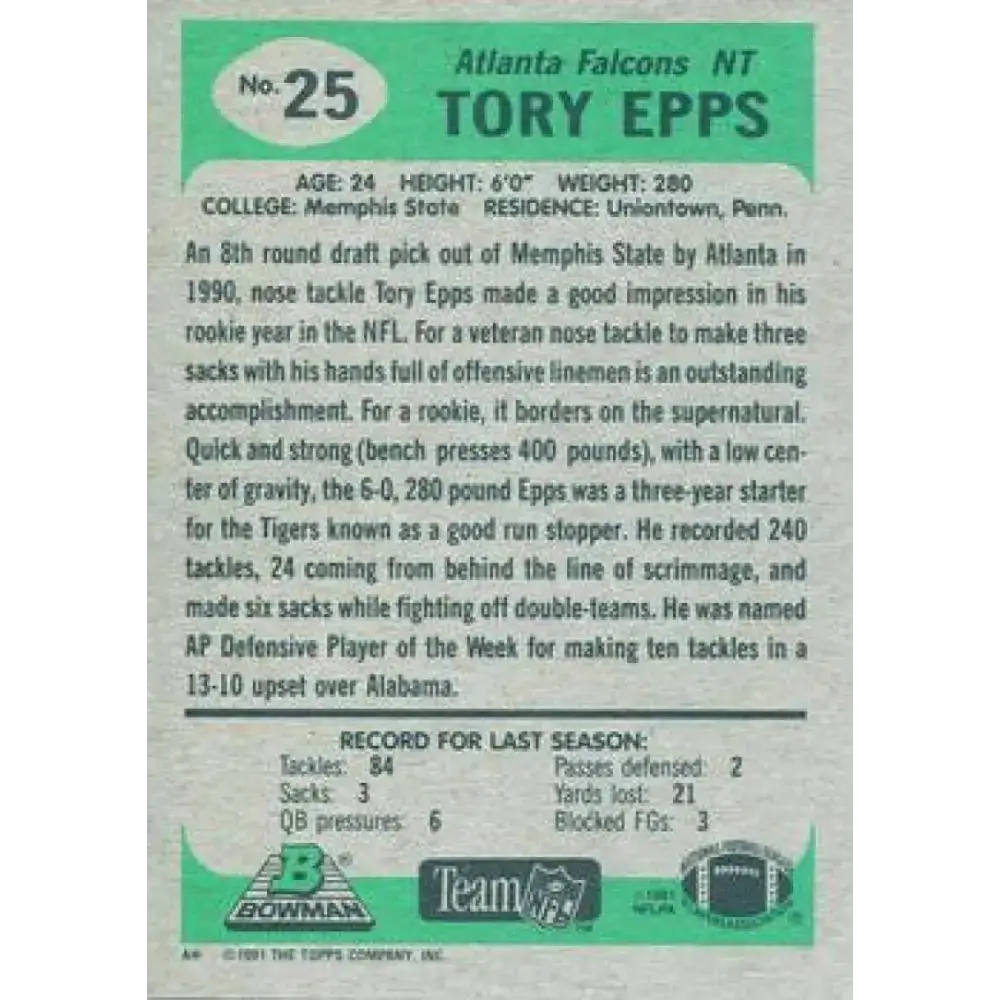 1991 Bowman #25 Tory Epps NM-MT Atlanta Falcons Football Card - Football Card Single