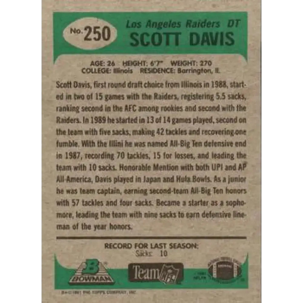 1991 Bowman #250 Scott Davis NM-MT Los Angeles Raiders Football Card - Football Card Single