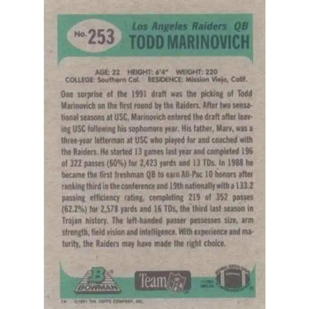 1991 Bowman #253 Todd Marinovich NM-MT RC Rookie Los Angeles Raiders Football Card - Football Card Single