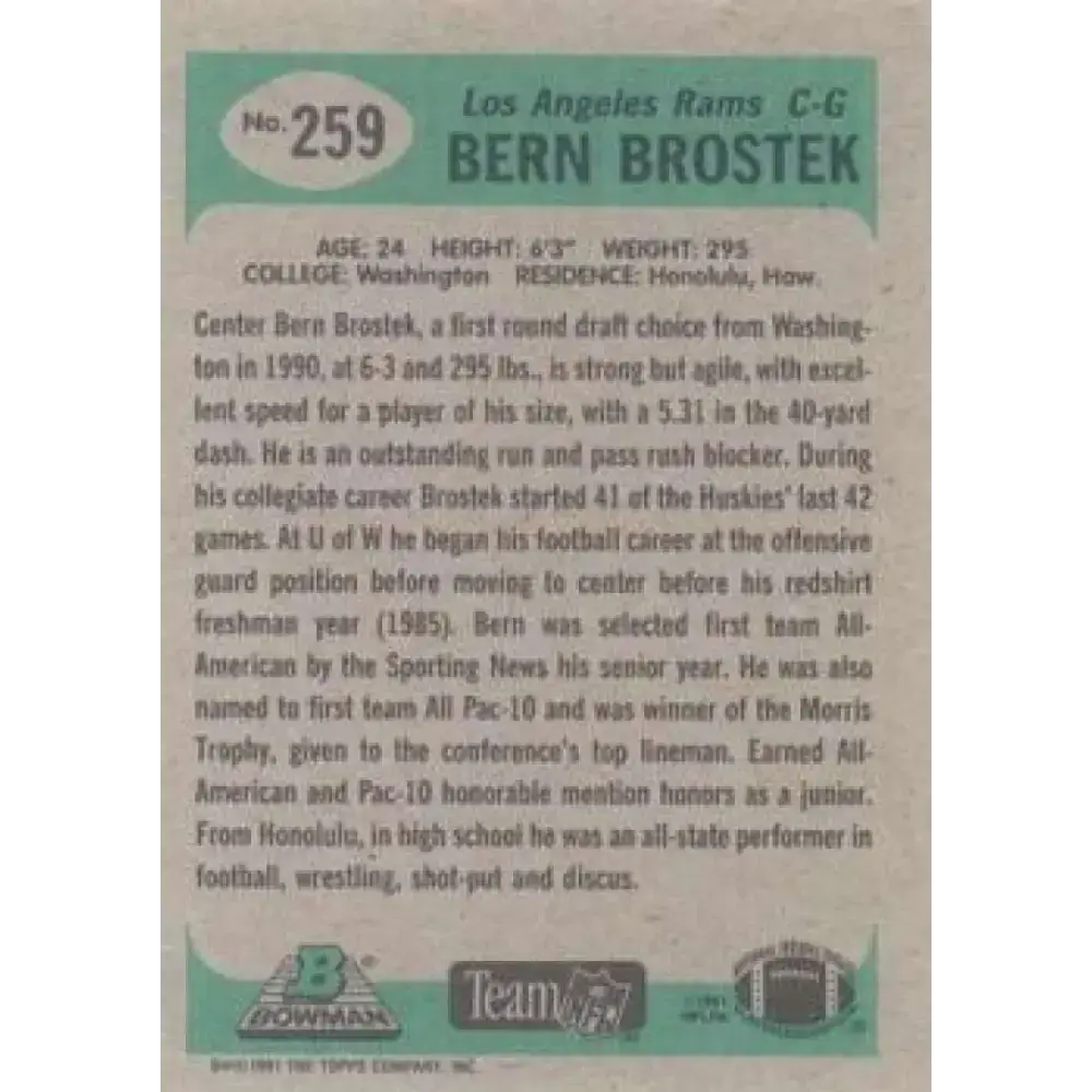 1991 Bowman #259 Bern Brostek NM-MT Los Angeles Rams Football Card - Football Card Single