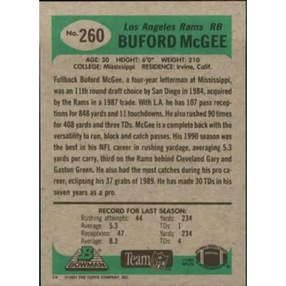 1991 Bowman #260 Buford McGee NM-MT Los Angeles Rams Football Card