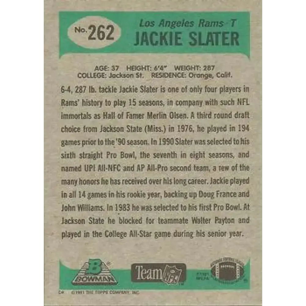 1991 Bowman #262 Jackie Slater NM-MT Los Angeles Rams Football Card - Football Card Single