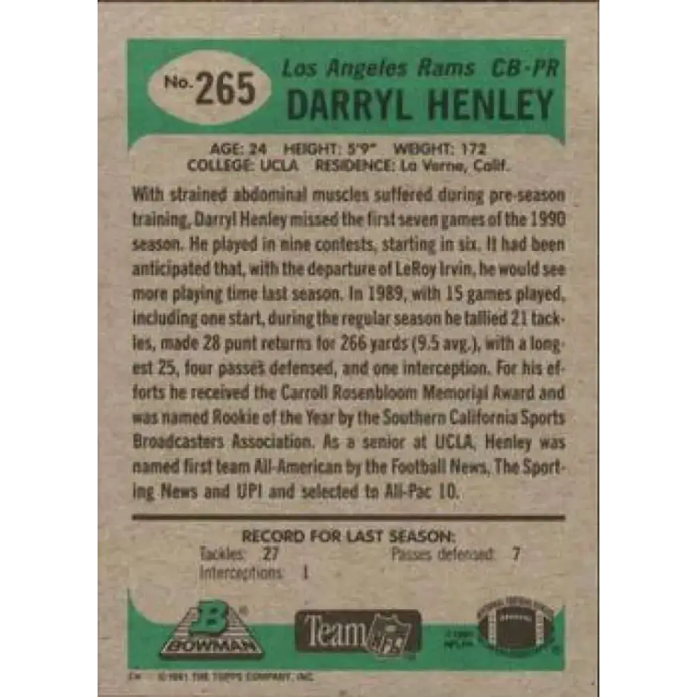 1991 Bowman #265 Darryl Henley NM-MT RC Rookie Los Angeles Rams Football Card - Football Card Single