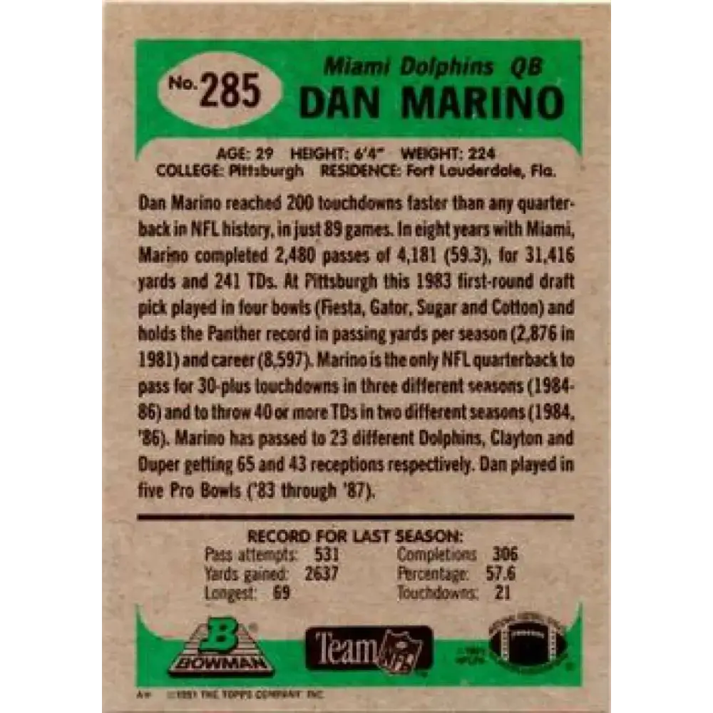 1991 Bowman #285 Dan Marino NM-MT Miami Dolphins Football Card - Football Card Single