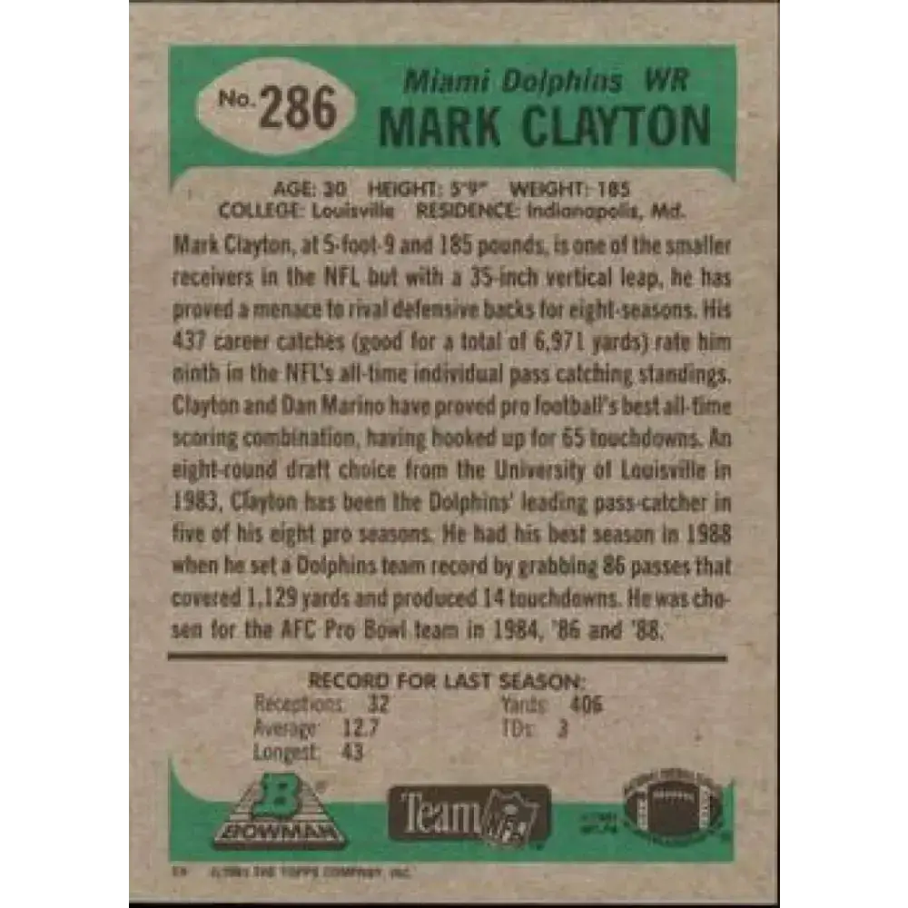 1991 Bowman #286 Mark Clayton NM-MT Miami Dolphins Football Card