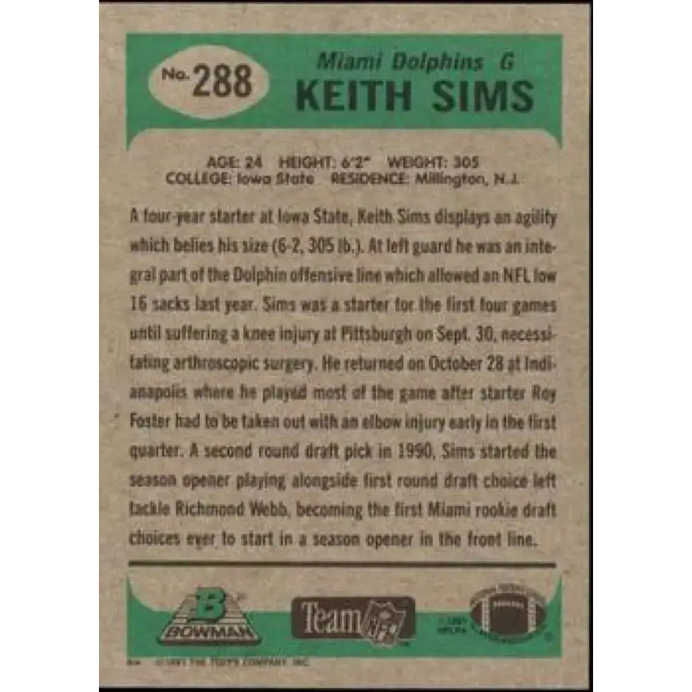1991 Bowman #288 Keith Sims NM-MT Miami Dolphins Football Card - Football Card Single