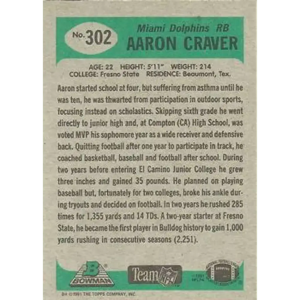1991 Bowman #302 Aaron Craver NM-MT RC Rookie Miami Dolphins Football Card - Football Card Single