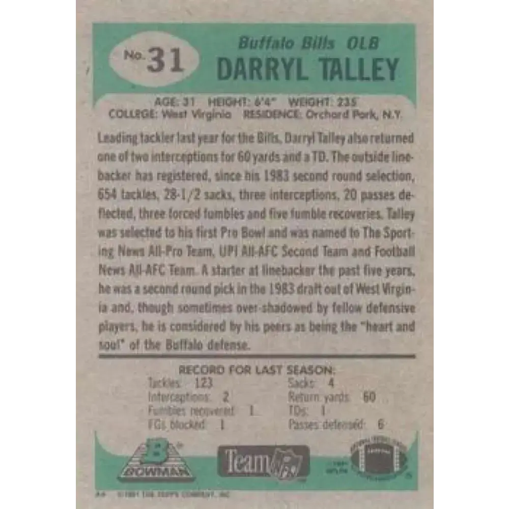 1991 Bowman #31 Darryl Talley NM-MT Buffalo Bills Football Card - Football Card Single