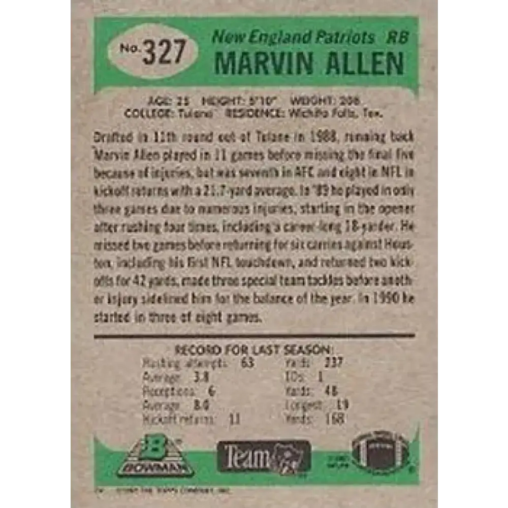 1991 Bowman #327 Marvin Allen NM-MT New England Patriots Football Card - Football Card Single