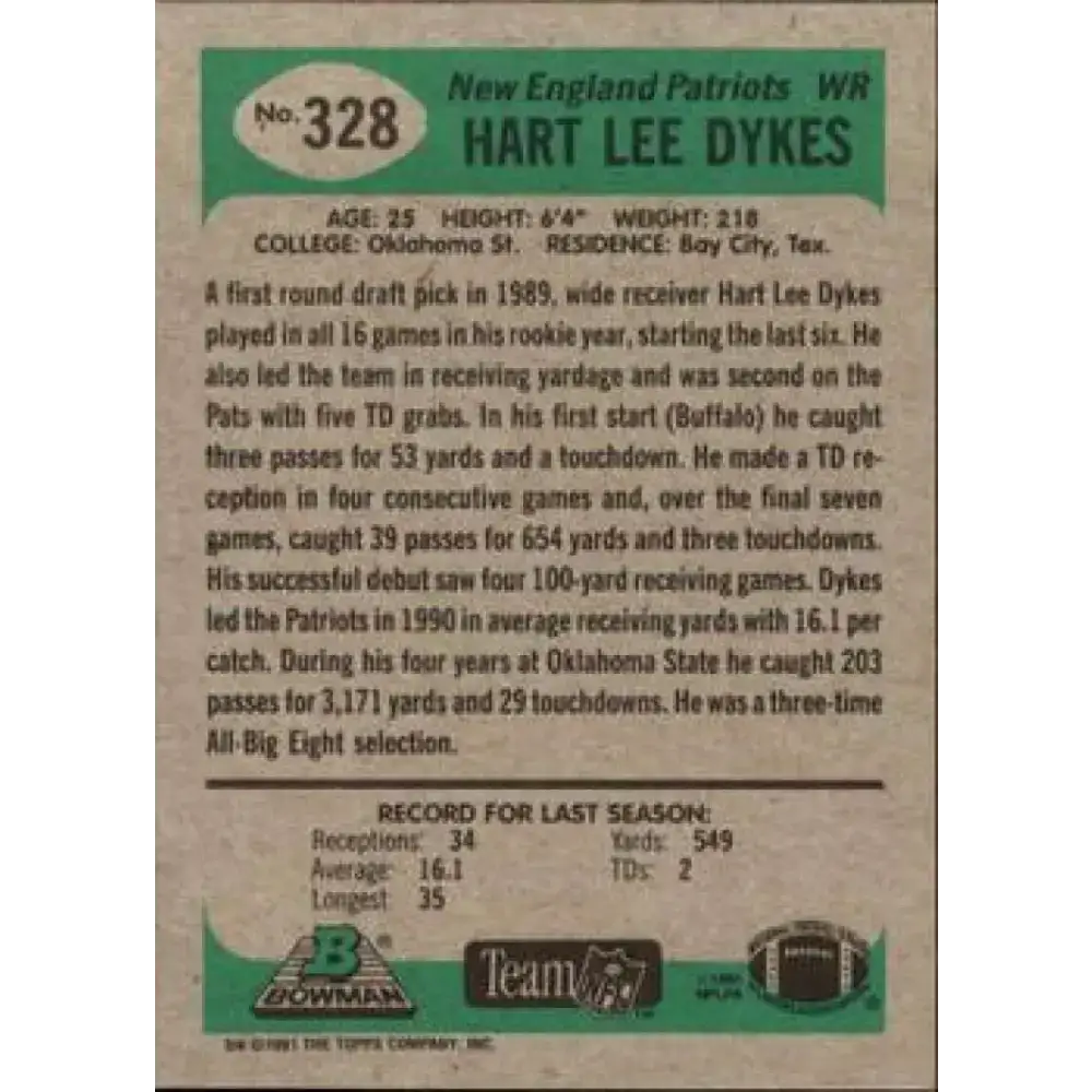 1991 Bowman #328 Hart Lee Dykes NM-MT New England Patriots Football Card - Football Card Single