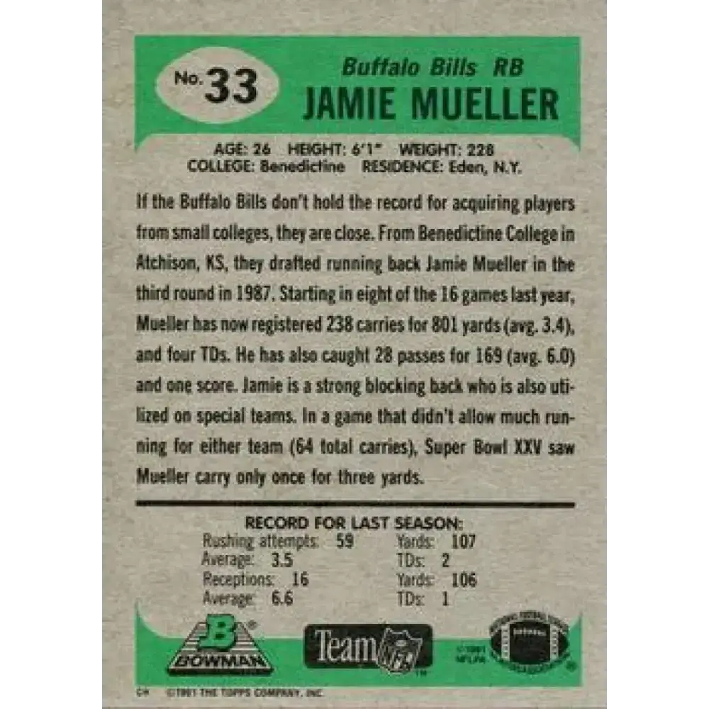 1991 Bowman #33 Jamie Mueller NM-MT Buffalo Bills Football Card - Football Card Single