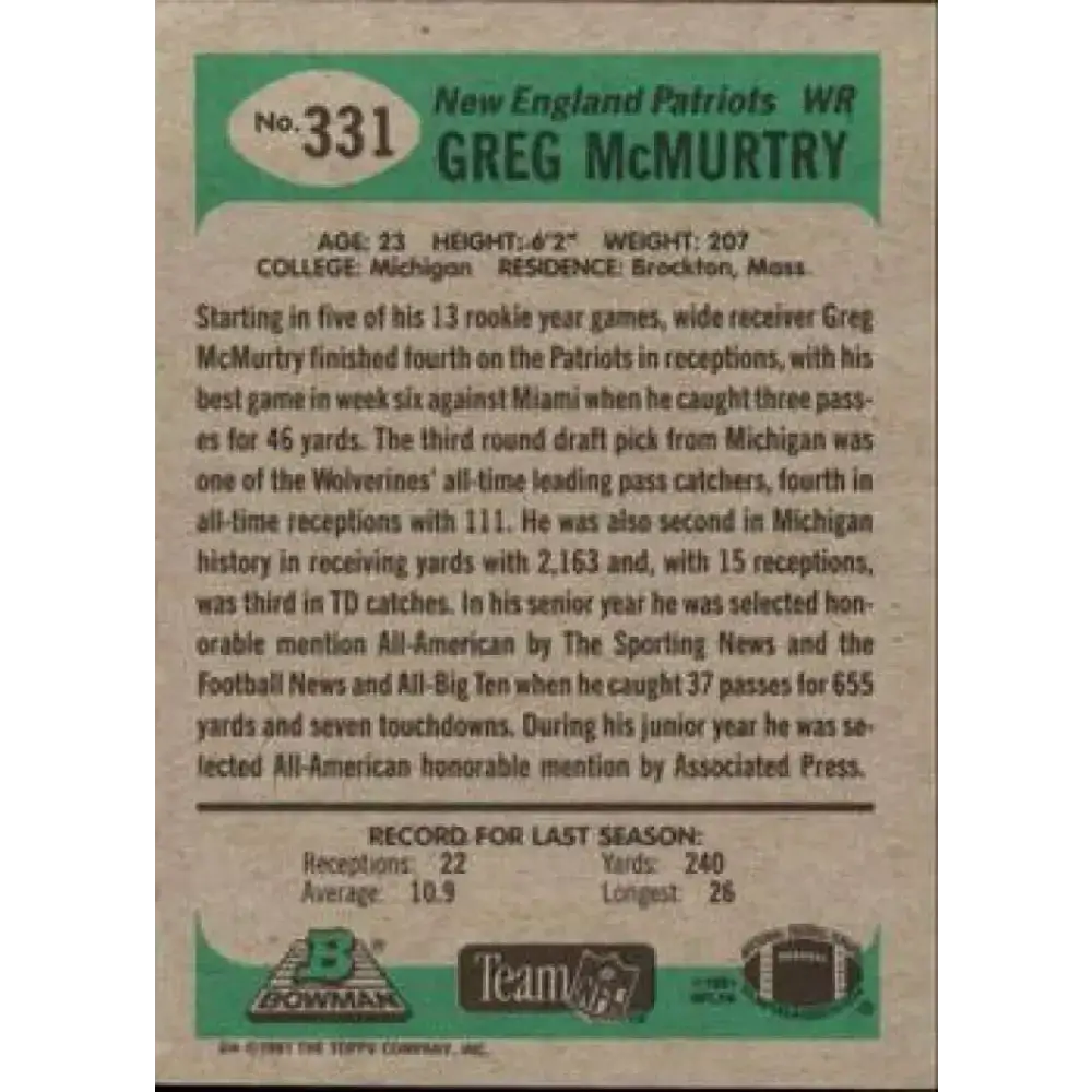 1991 Bowman #331 Greg McMurtry NM-MT New England Patriots Football Card - Football Card Single