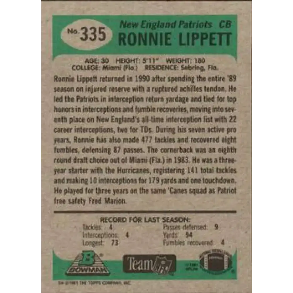 1991 Bowman #335 Ronnie Lippett NM-MT New England Patriots Football Card - Football Card Single