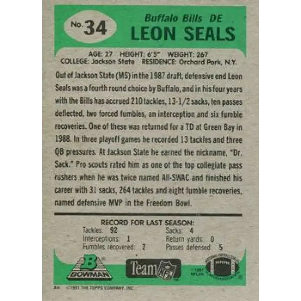 1991 Bowman #34 Leon Seals NM-MT Buffalo Bills Football Card - Football Card Single