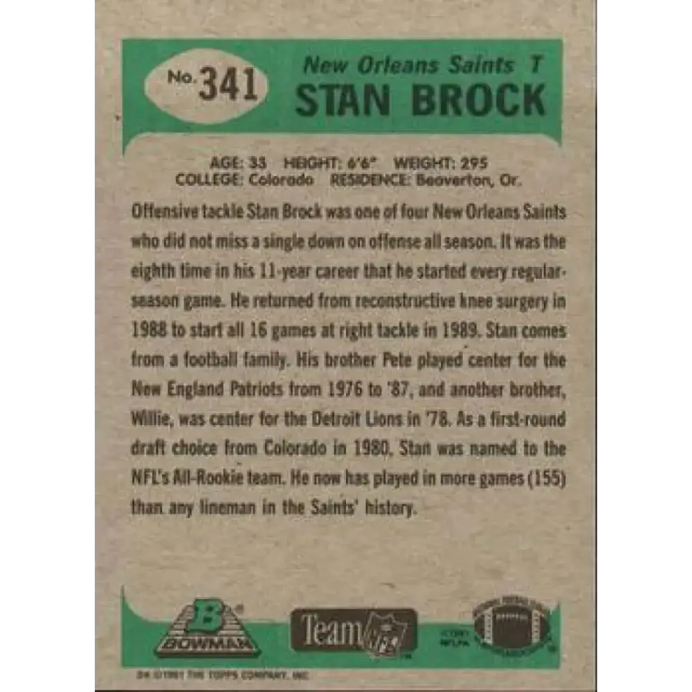 1991 Bowman #341 Stan Brock NM-MT New Orleans Saints Football Card - Football Card Single