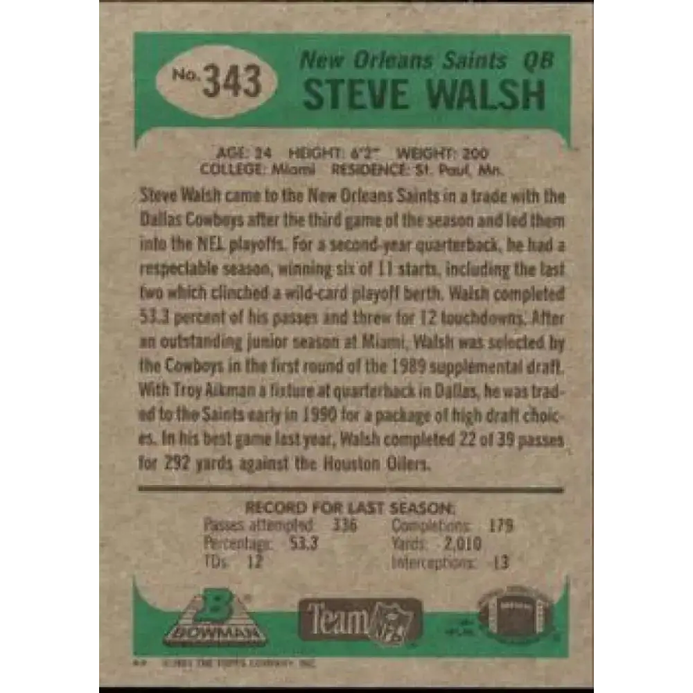 1991 Bowman #343 Steve Walsh NM-MT New Orleans Saints Football Card - Football Card Single