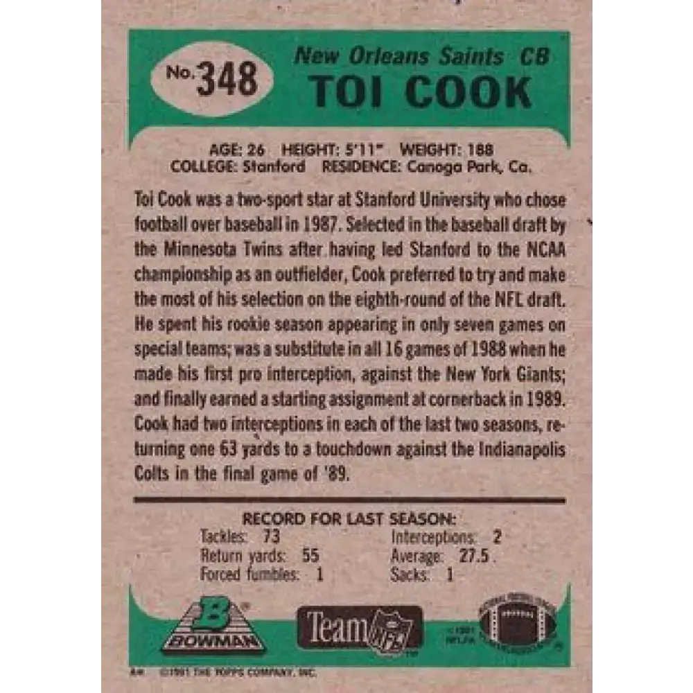 1991 Bowman #348 Toi Cook NM-MT RC Rookie New Orleans Saints Football Card - Football Card Single