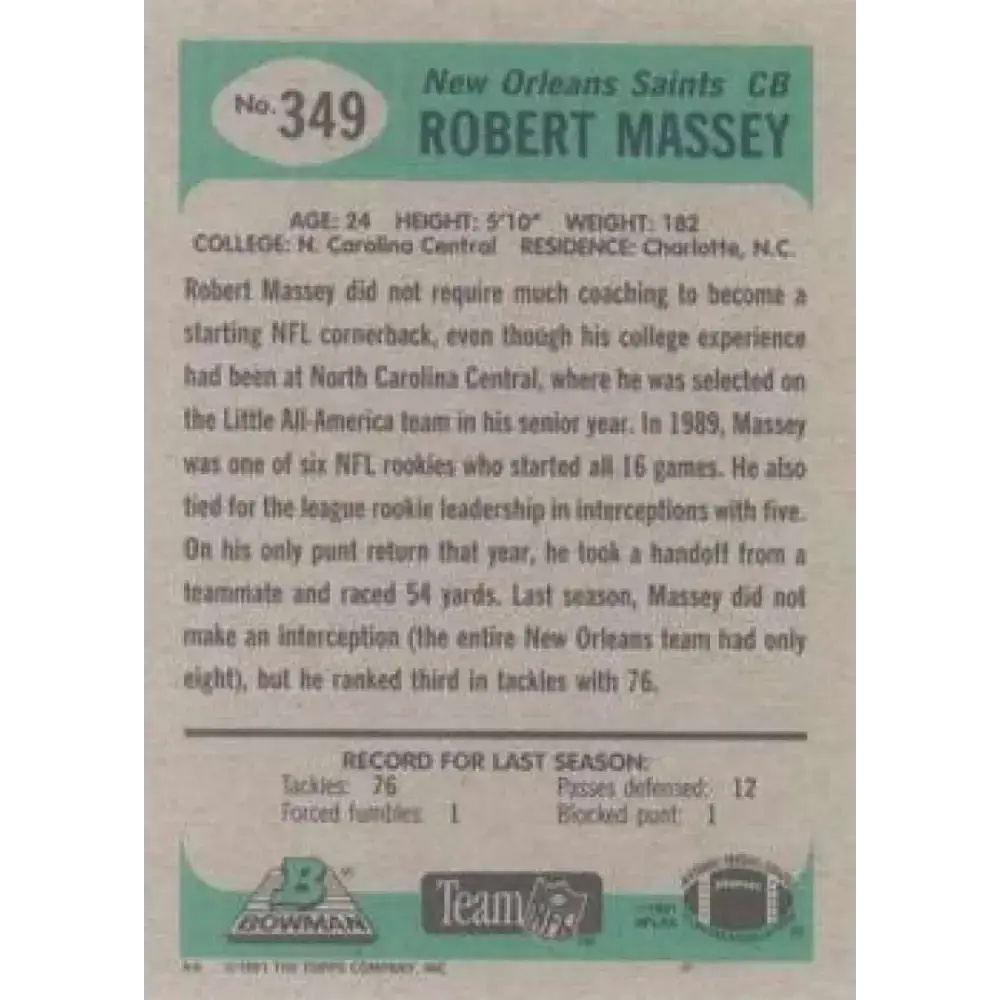 1991 Bowman #349 Robert Massey NM-MT New Orleans Saints Football Card - Football Card Single