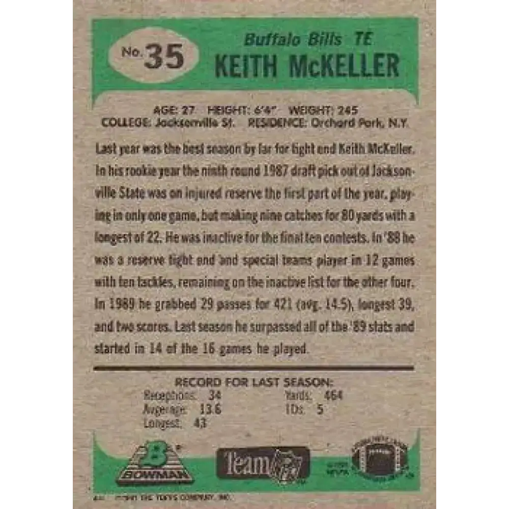 1991 Bowman #35 Keith McKeller NM-MT Buffalo Bills Football Card