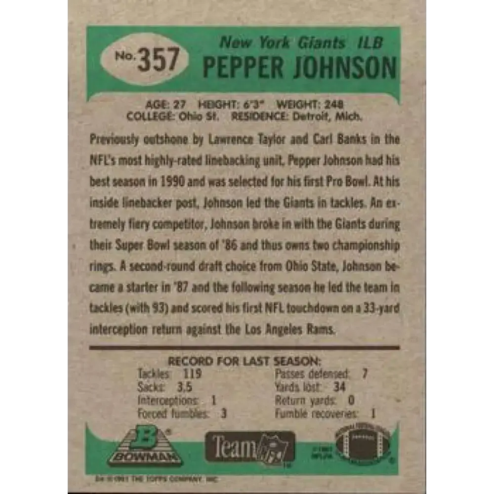 1991 Bowman #357 Pepper Johnson NM-MT New York Giants Football Card - Football Card Single