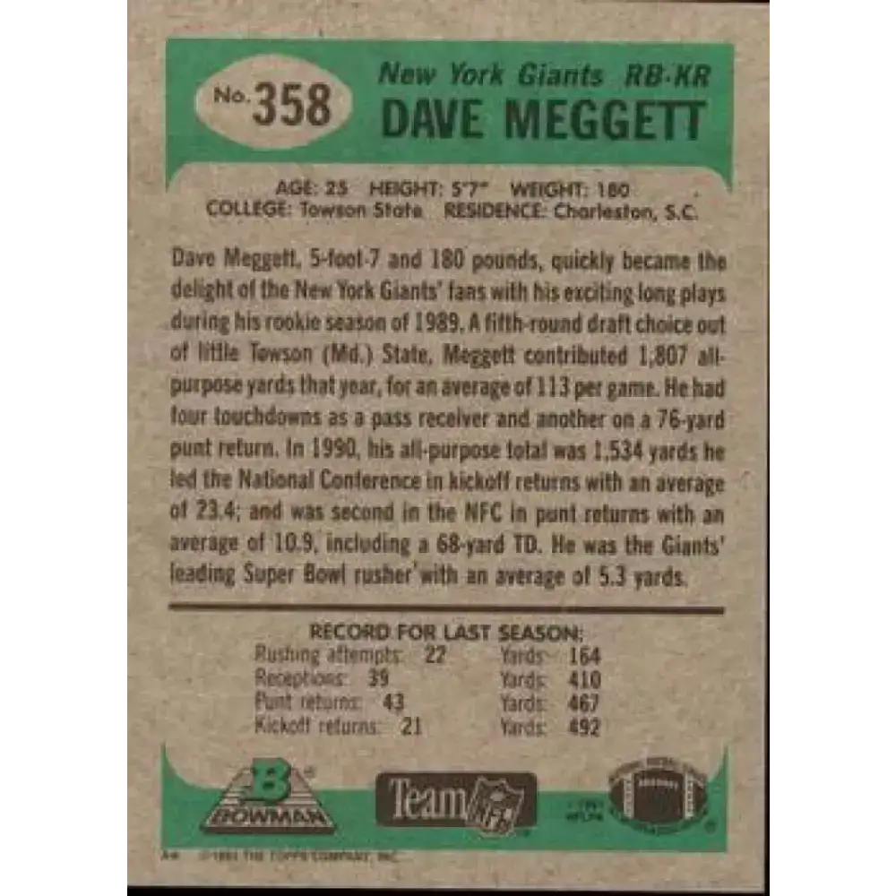 1991 Bowman #358 Dave Meggett NM-MT New York Giants Football Card - Football Card Single