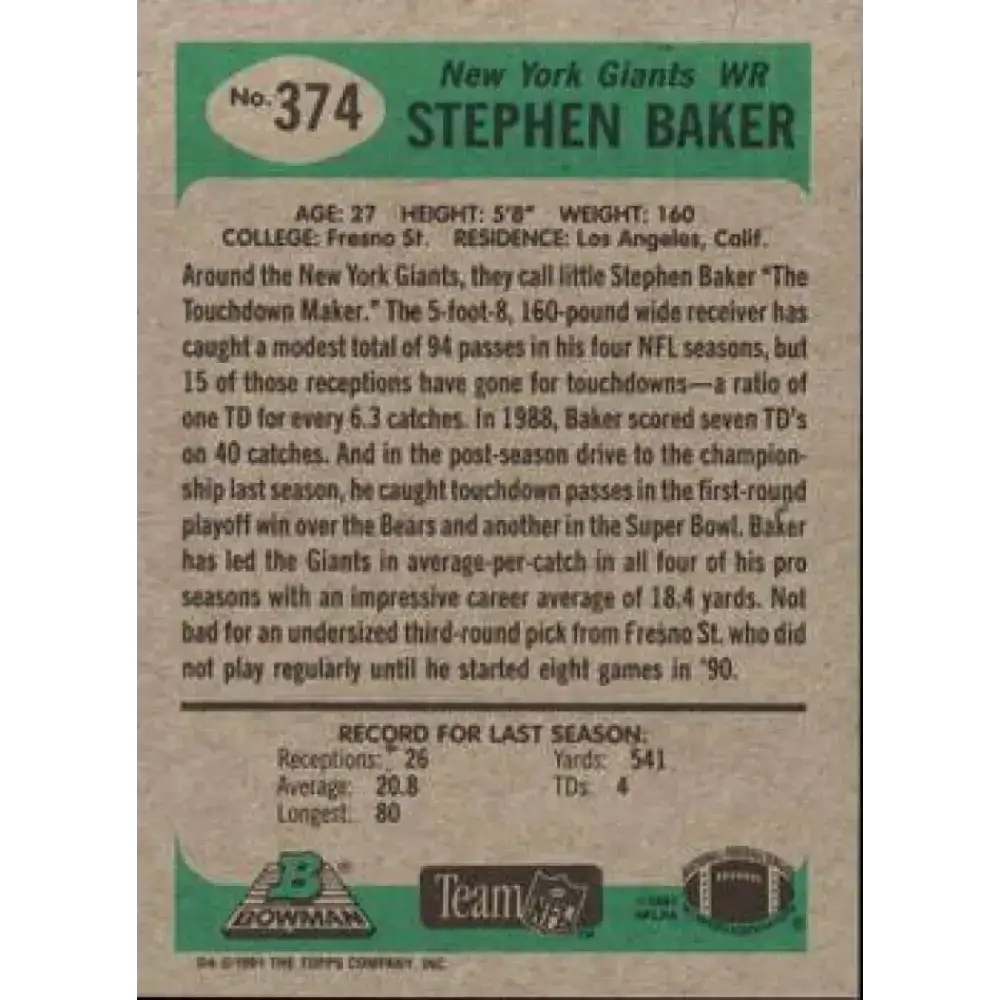 1991 Bowman #374 Stephen Baker NM-MT New York Giants Football Card - Football Card Single