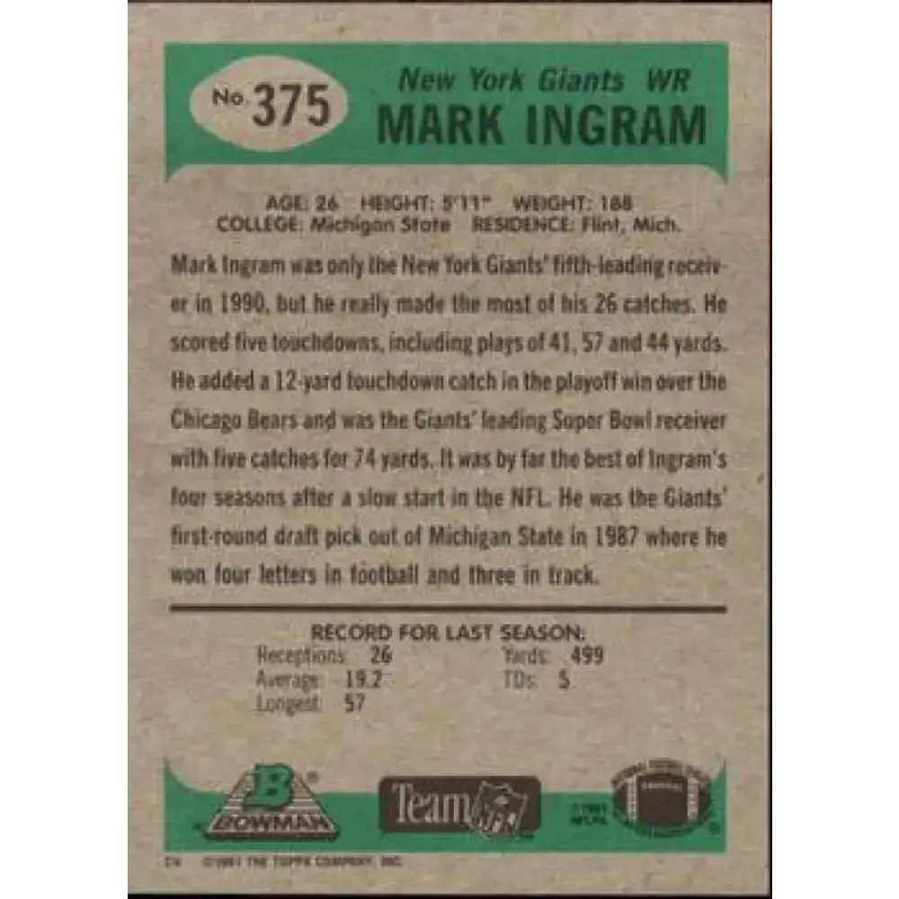 1991 Bowman #375 Mark Ingram NM-MT New York Giants Football Card - Football Card Single