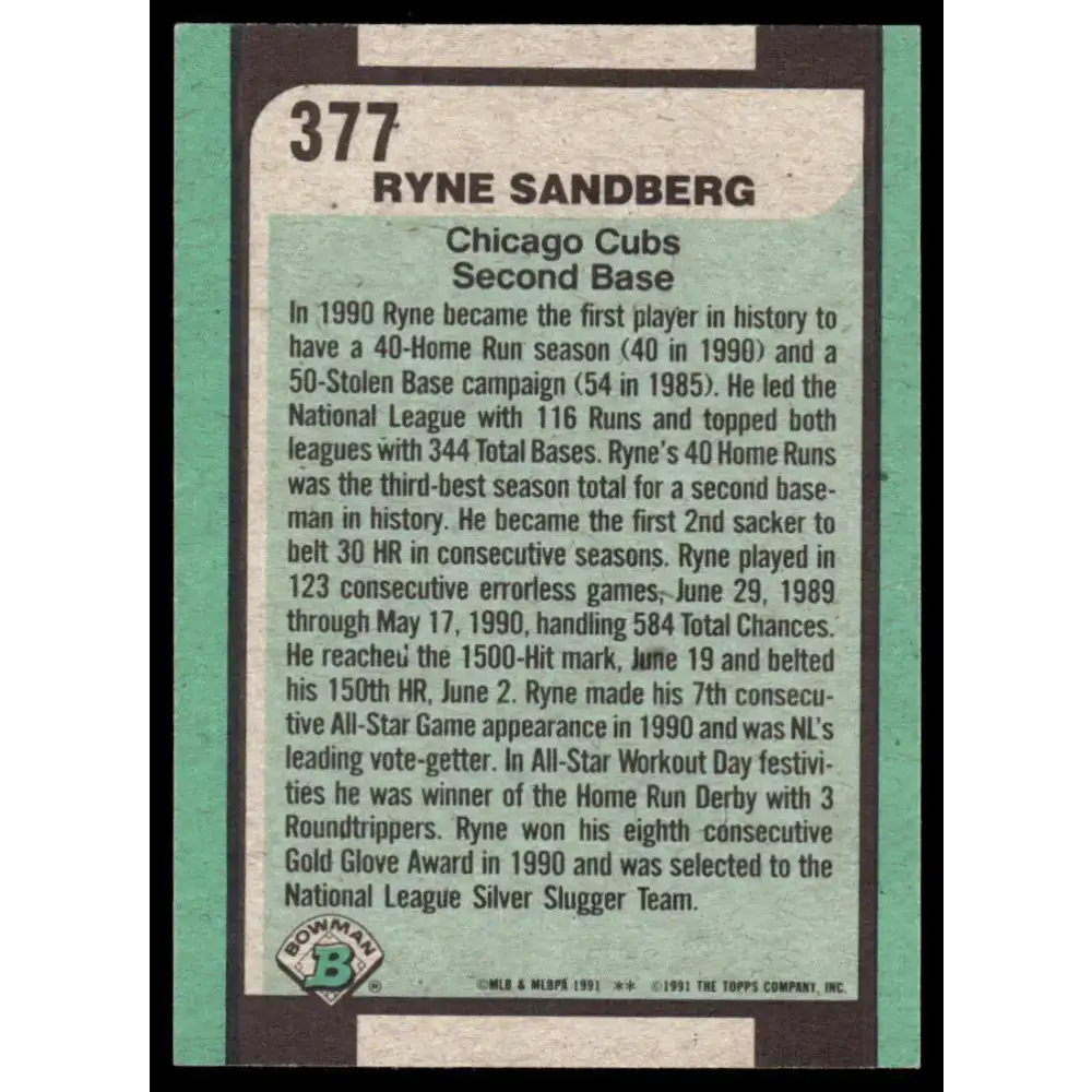 1991 Bowman #377 Ryne Sandberg EX Chicago Cubs Baseball Card - Baseball Card Single