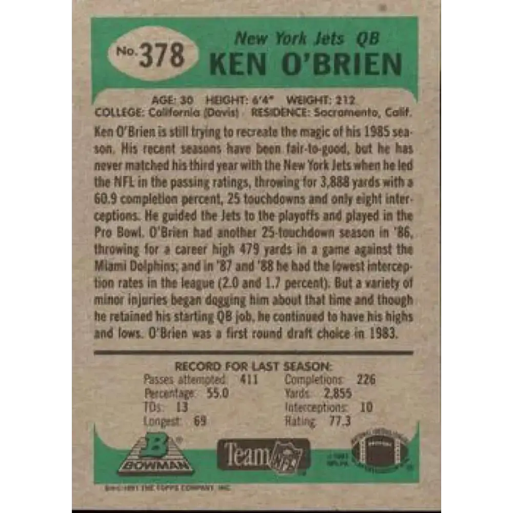1991 Bowman #378 Ken O’Brien NM-MT New York Jets Football Card - Football Card Single