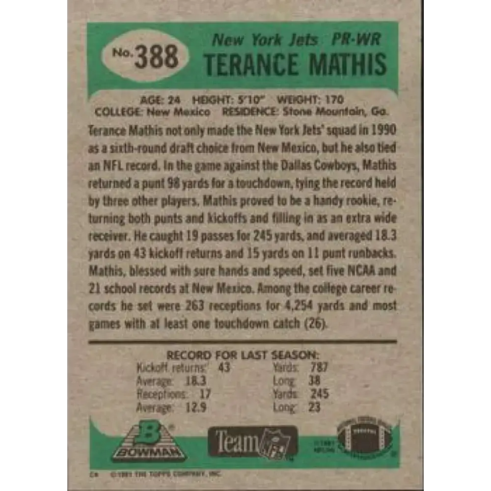 1991 Bowman #388 Terance Mathis NM-MT New York Jets Football Card - Football Card Single