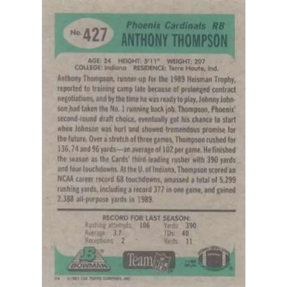 1991 Bowman #427 Anthony Thompson NM-MT Phoenix Cardinals Football Card - Football Card Single