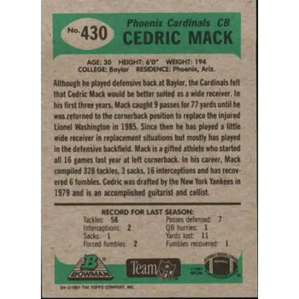 1991 Bowman #430 Cedric Mack NM-MT Phoenix Cardinals Football Card - Football Card Single