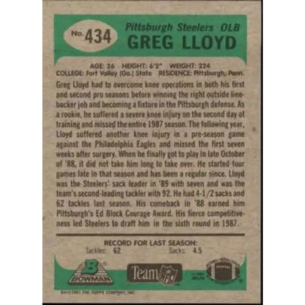 1991 Bowman #434 Greg Lloyd NM-MT Pittsburgh Steelers Football Card - Football Card Single
