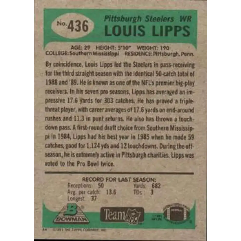 1991 Bowman #436 Louis Lipps NM-MT Pittsburgh Steelers Football Card - Football Card Single