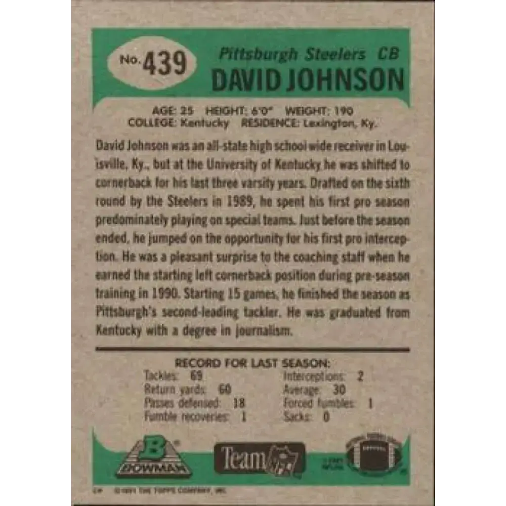 1991 Bowman #439 D.J. Johnson NM-MT Pittsburgh Steelers Football Card - Football Card Single
