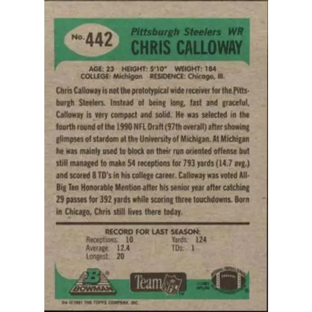 1991 Bowman #442 Chris Calloway NM-MT Pittsburgh Steelers Football Card - Football Card Single