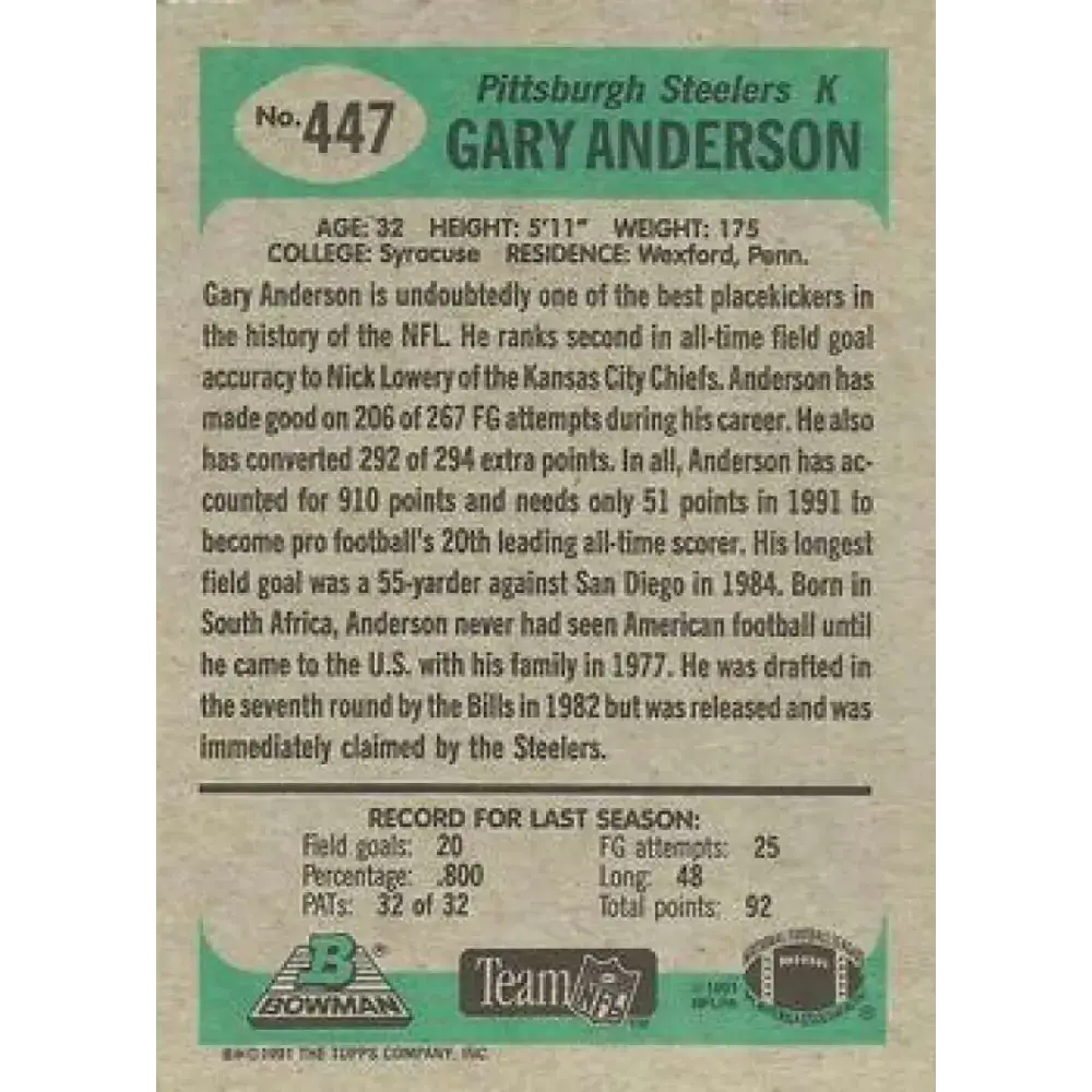 1991 Bowman #447 Gary Anderson NM-MT Pittsburgh Steelers Football Card - Football Card Single