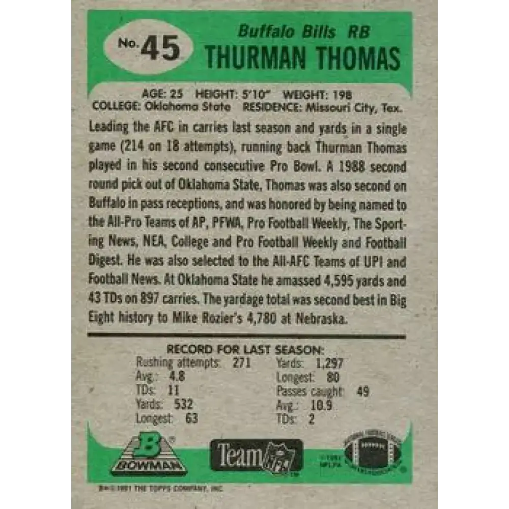 1991 Bowman #45 Thurman Thomas NM-MT Buffalo Bills Football Card - Football Card Single