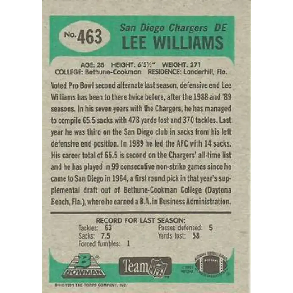 1991 Bowman #463 Lee Williams NM-MT San Diego Chargers Football Card - Football Card Single