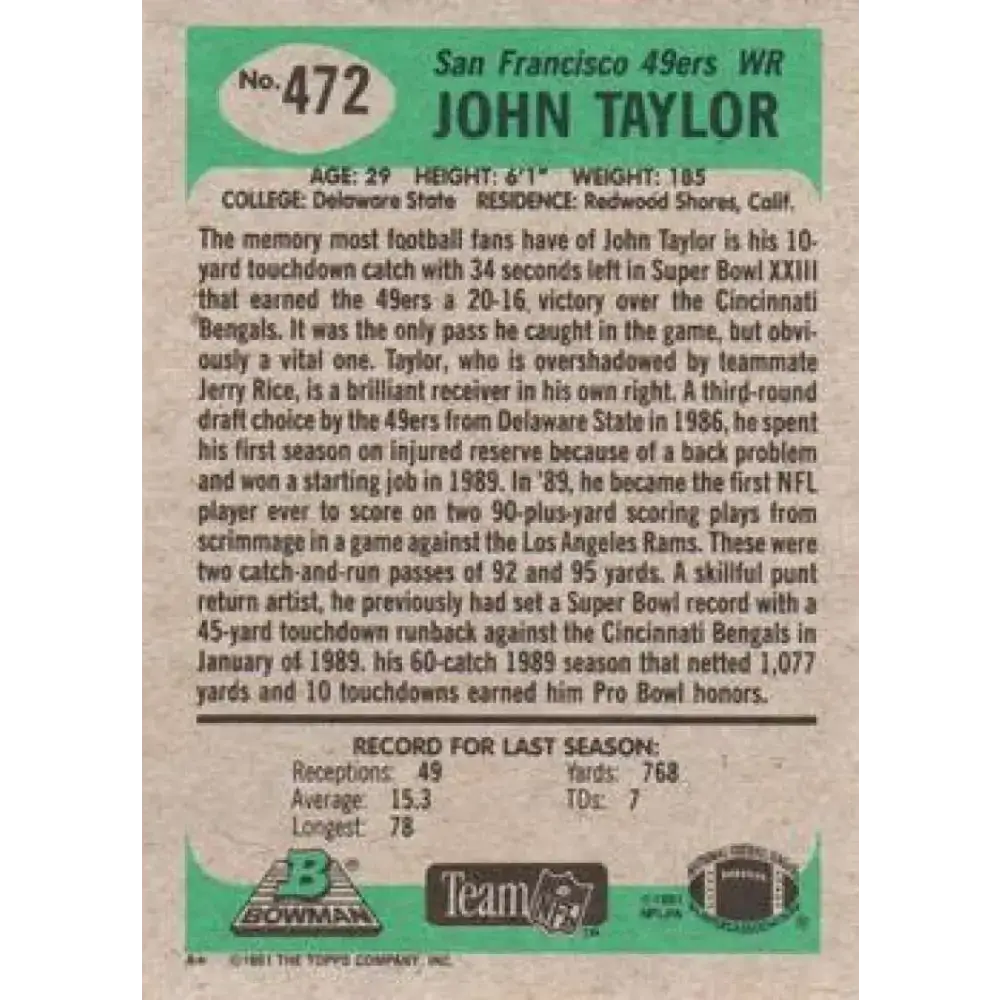 1991 Bowman #472 John Taylor NM-MT San Francisco 49ers Football Card - Football Card Single