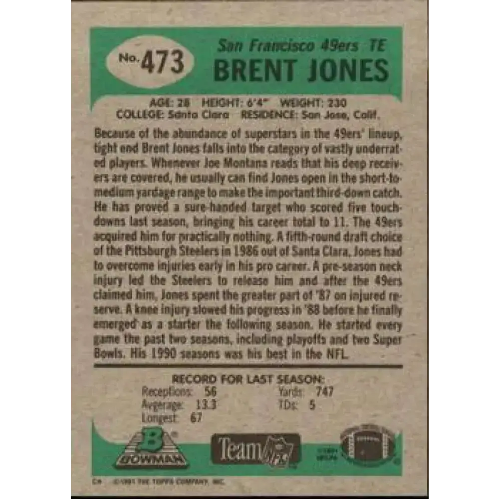 1991 Bowman #473 Brent Jones NM-MT San Francisco 49ers Football Card - Football Card Single