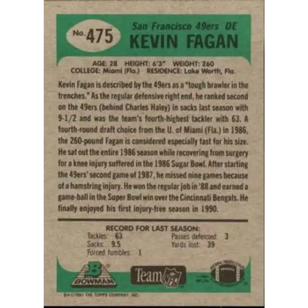 1991 Bowman #475 Kevin Fagan NM-MT San Francisco 49ers Football Card - Football Card Single
