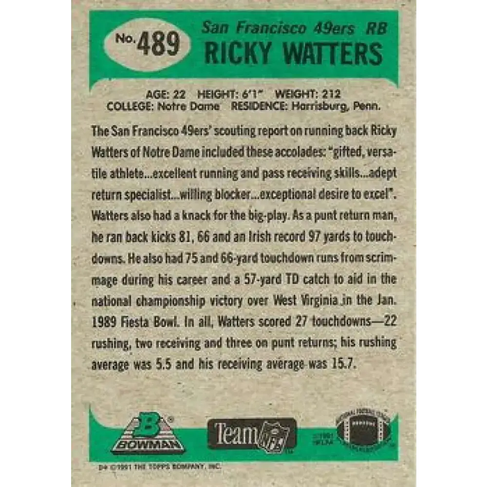 1991 Bowman #489 Ricky Watters NM-MT RC Rookie San Francisco 49ers Football Card