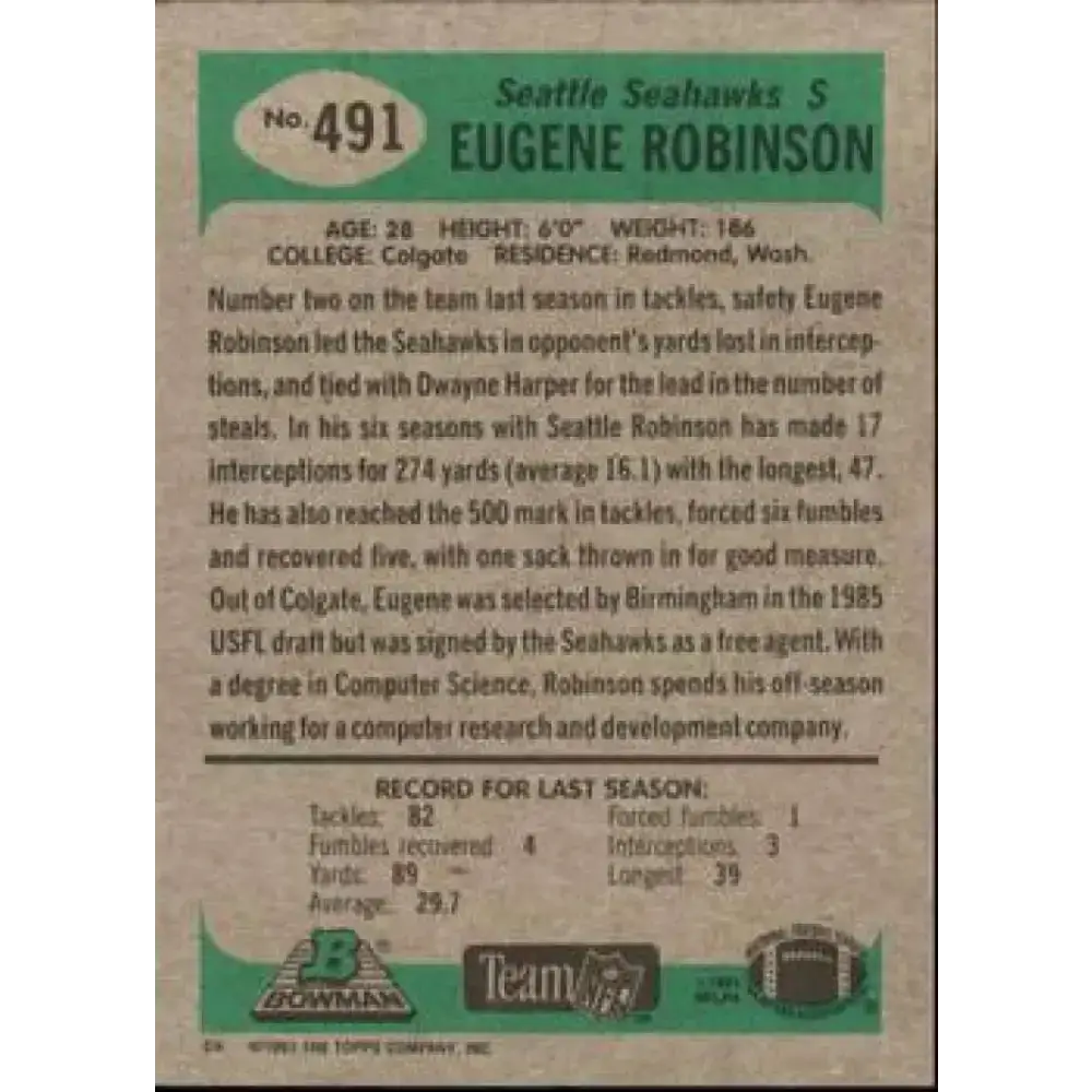 1991 Bowman #491 Eugene Robinson NM-MT Seattle Seahawks Football Card - Football Card Single